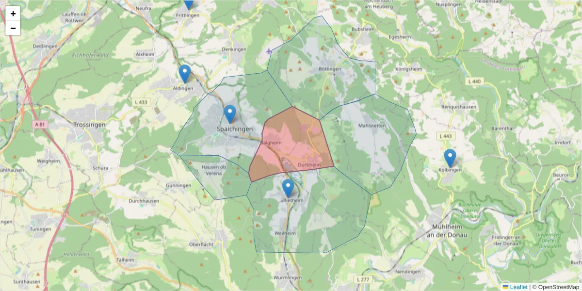 Karte des Postleitzahlen Bereichs  und der umliegenden Postleitzahlen in Deutschland