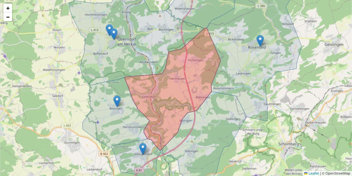 Karte des Postleitzahlen Bereichs  und der umliegenden Postleitzahlen in Deutschland