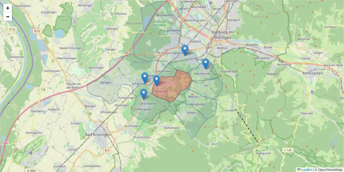 Karte des Postleitzahlen Bereichs  und der umliegenden Postleitzahlen in Deutschland