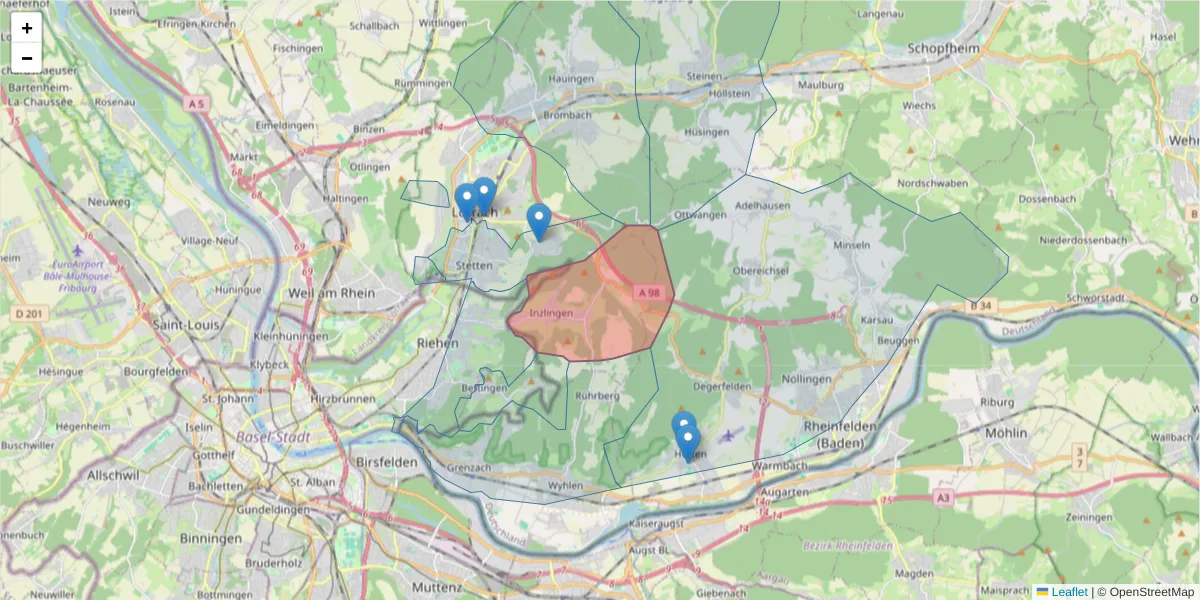 Karte des Postleitzahlen Bereichs  und der umliegenden Postleitzahlen in Deutschland