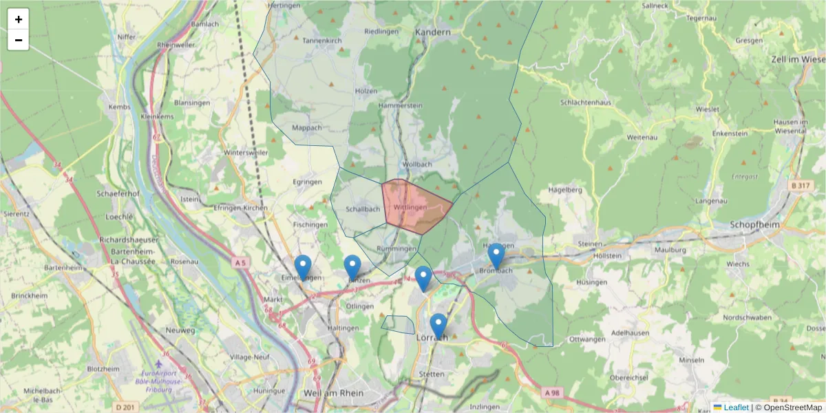 Karte des Postleitzahlen Bereichs  und der umliegenden Postleitzahlen in Deutschland