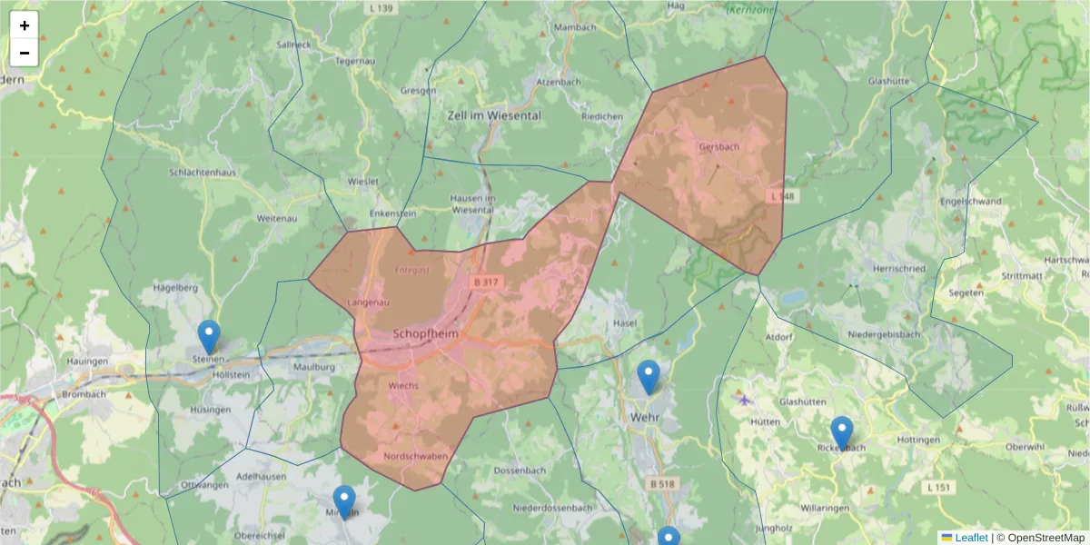Karte des Postleitzahlen Bereichs  und der umliegenden Postleitzahlen in Deutschland
