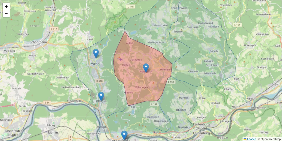 Karte des Postleitzahlen Bereichs  und der umliegenden Postleitzahlen in Deutschland