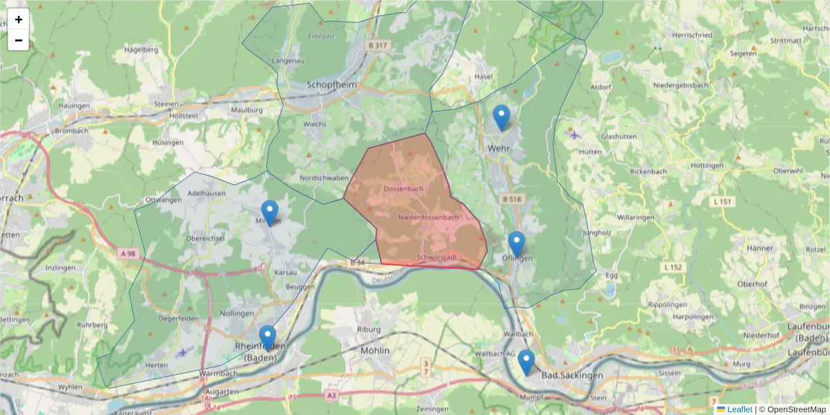 Karte des Postleitzahlen Bereichs  und der umliegenden Postleitzahlen in Deutschland