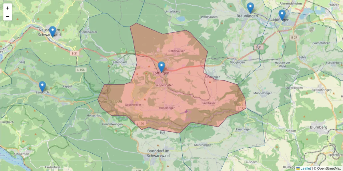 Karte des Postleitzahlen Bereichs  und der umliegenden Postleitzahlen in Deutschland