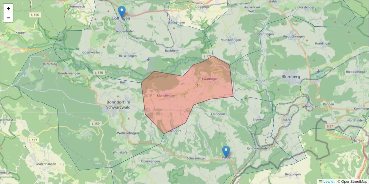 Karte des Postleitzahlen Bereichs  und der umliegenden Postleitzahlen in Deutschland