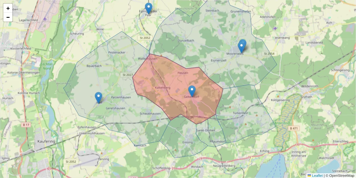 Karte des Postleitzahlen Bereichs  und der umliegenden Postleitzahlen in Deutschland