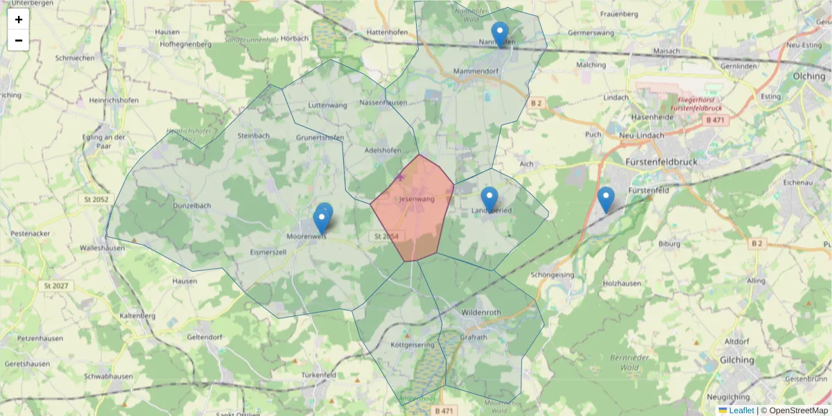 Karte des Postleitzahlen Bereichs  und der umliegenden Postleitzahlen in Deutschland