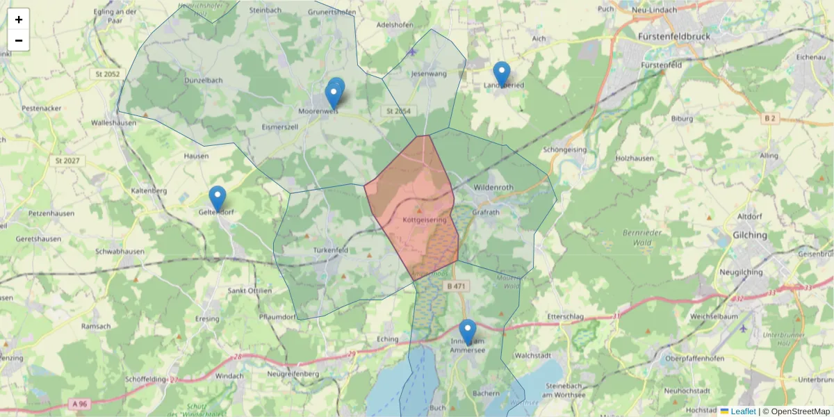 Karte des Postleitzahlen Bereichs  und der umliegenden Postleitzahlen in Deutschland