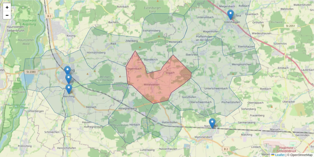 Karte des Postleitzahlen Bereichs  und der umliegenden Postleitzahlen in Deutschland