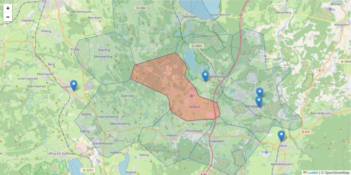 Karte des Postleitzahlen Bereichs  und der umliegenden Postleitzahlen in Deutschland