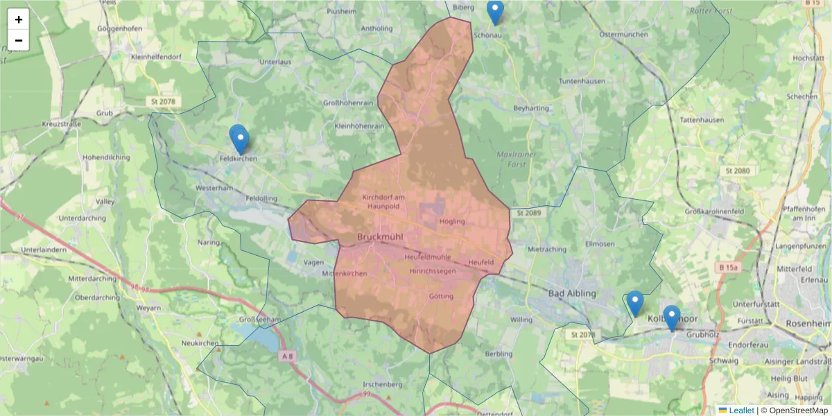 Karte des Postleitzahlen Bereichs  und der umliegenden Postleitzahlen in Deutschland
