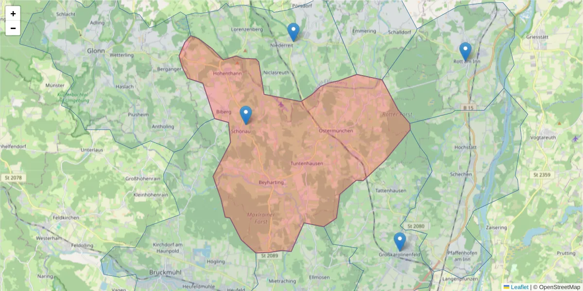 Karte des Postleitzahlen Bereichs  und der umliegenden Postleitzahlen in Deutschland