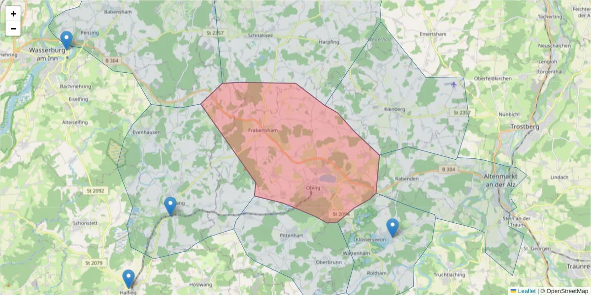 Karte des Postleitzahlen Bereichs  und der umliegenden Postleitzahlen in Deutschland