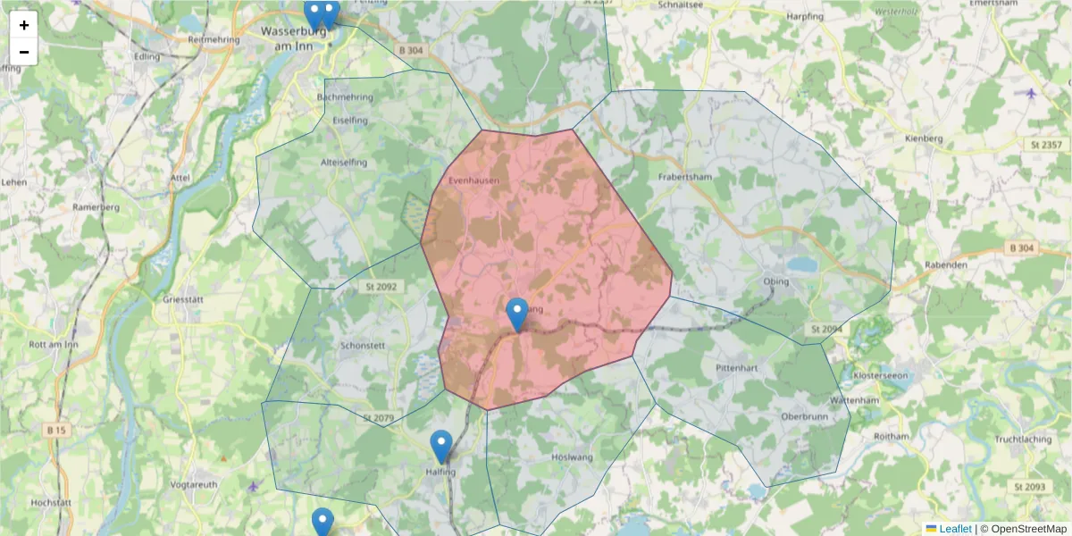 Karte des Postleitzahlen Bereichs  und der umliegenden Postleitzahlen in Deutschland