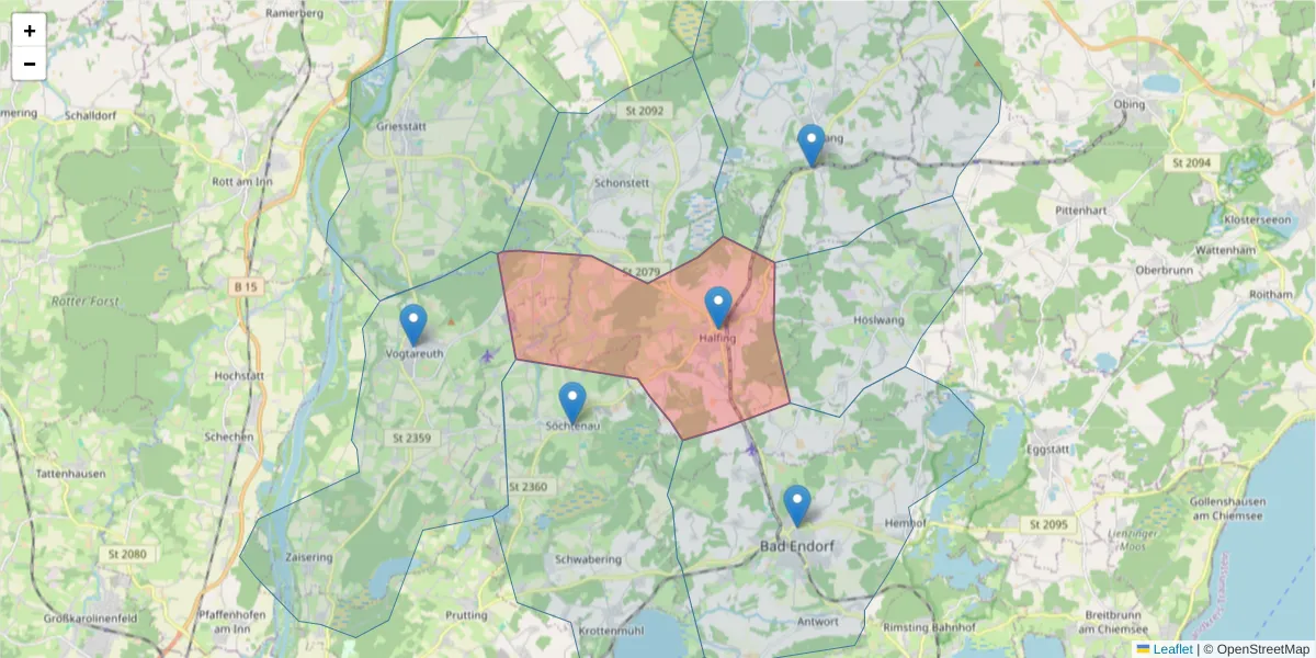 Karte des Postleitzahlen Bereichs  und der umliegenden Postleitzahlen in Deutschland