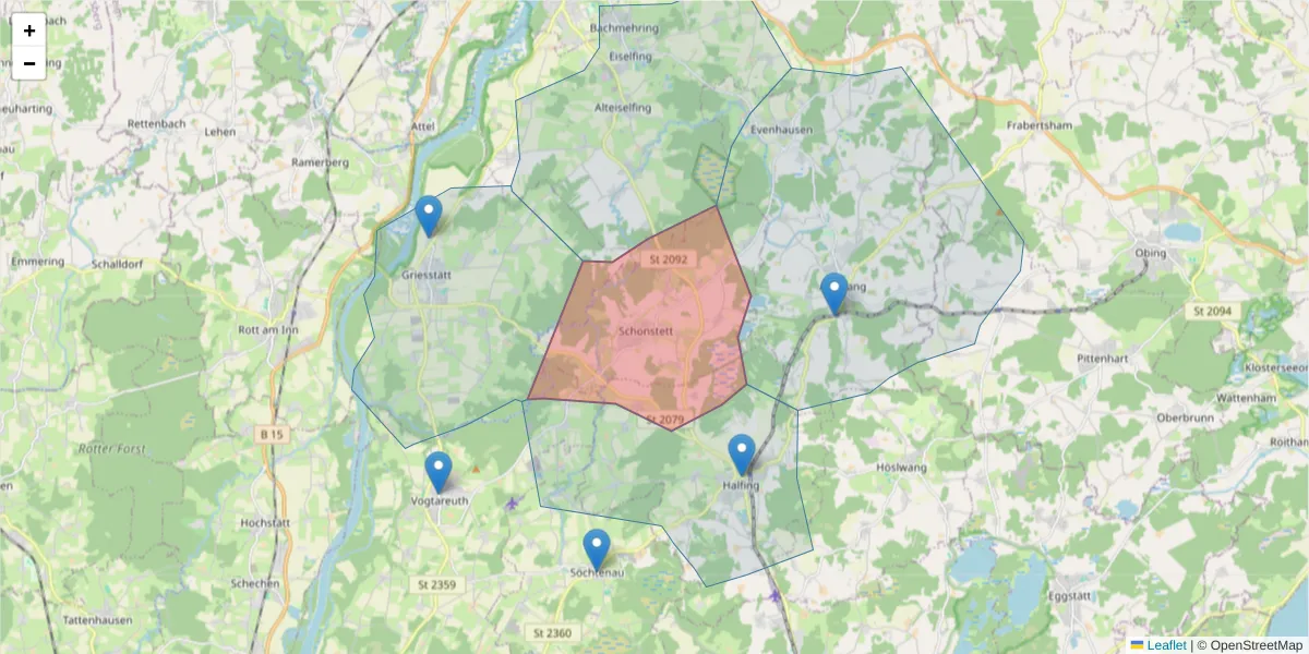 Karte des Postleitzahlen Bereichs  und der umliegenden Postleitzahlen in Deutschland