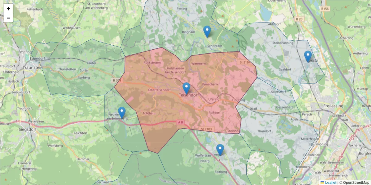 Karte des Postleitzahlen Bereichs  und der umliegenden Postleitzahlen in Deutschland