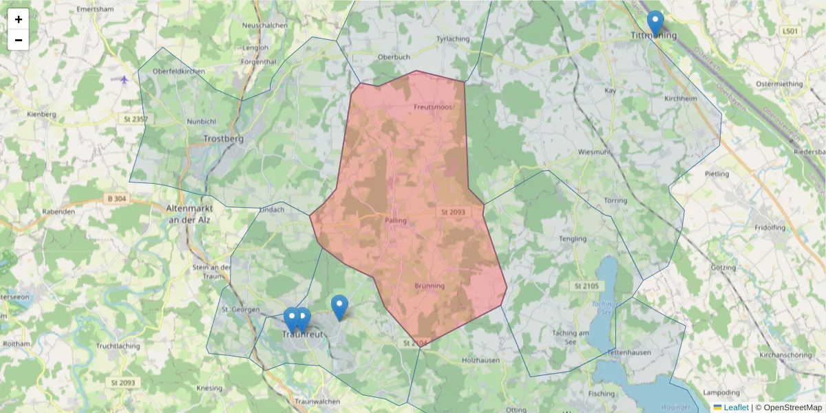 Karte des Postleitzahlen Bereichs  und der umliegenden Postleitzahlen in Deutschland