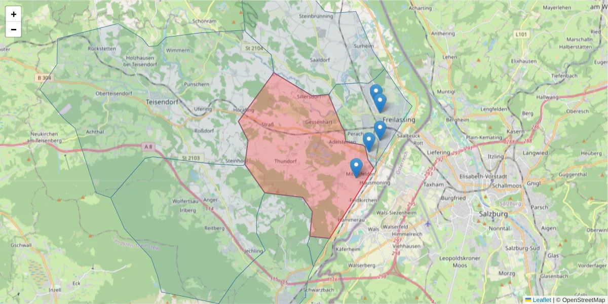 Karte des Postleitzahlen Bereichs  und der umliegenden Postleitzahlen in Deutschland