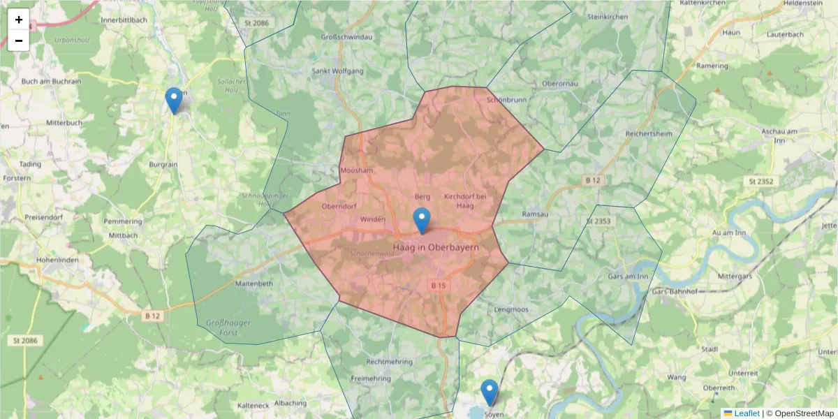 Karte des Postleitzahlen Bereichs  und der umliegenden Postleitzahlen in Deutschland