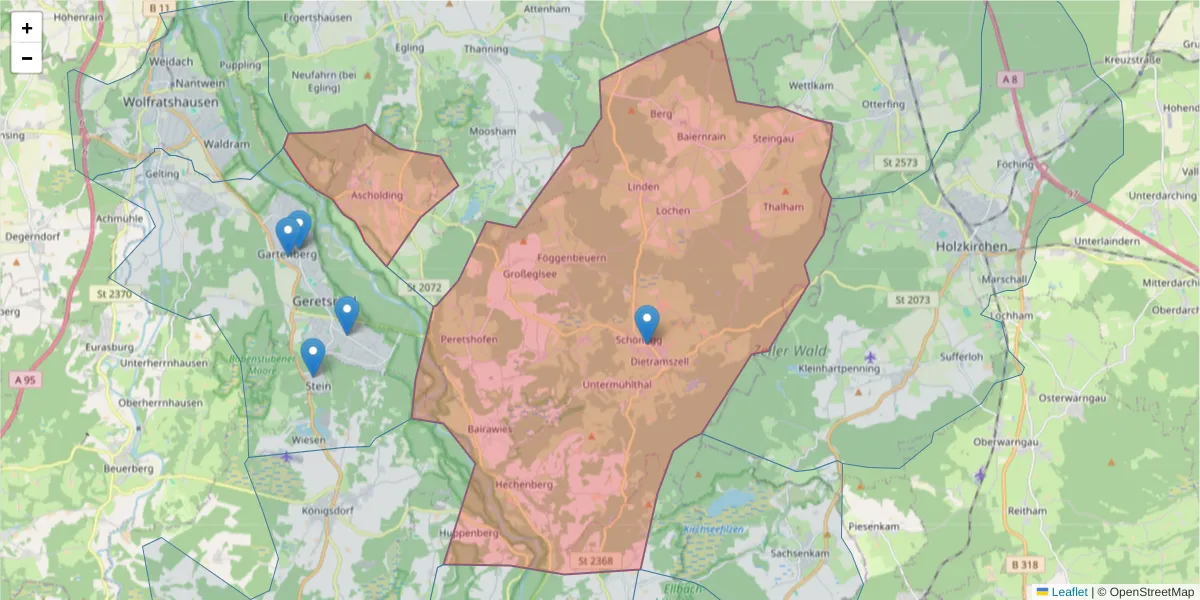 Karte des Postleitzahlen Bereichs  und der umliegenden Postleitzahlen in Deutschland