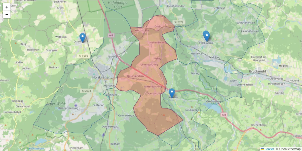 Karte des Postleitzahlen Bereichs  und der umliegenden Postleitzahlen in Deutschland
