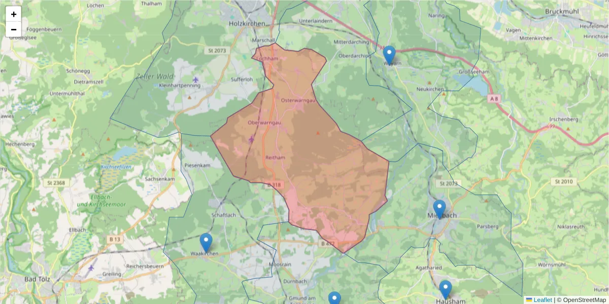 Karte des Postleitzahlen Bereichs  und der umliegenden Postleitzahlen in Deutschland