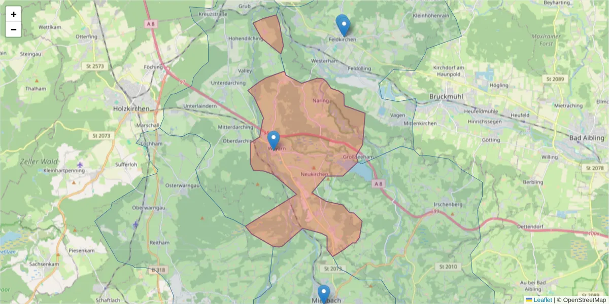 Karte des Postleitzahlen Bereichs  und der umliegenden Postleitzahlen in Deutschland