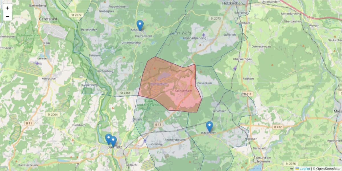 Karte des Postleitzahlen Bereichs  und der umliegenden Postleitzahlen in Deutschland
