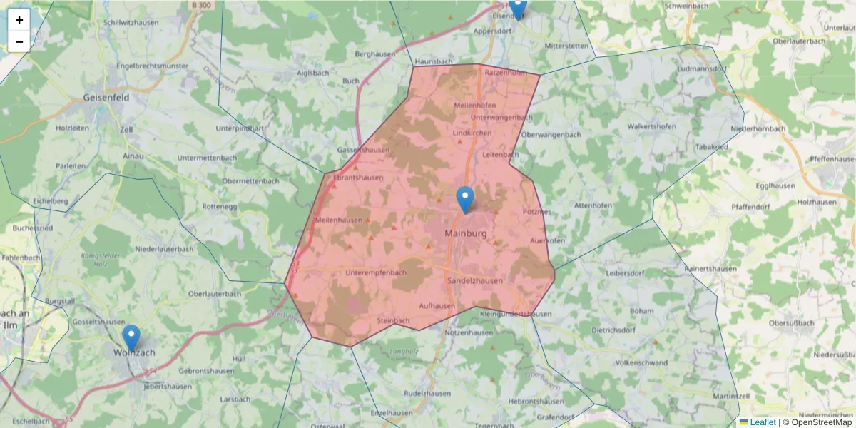 Karte des Postleitzahlen Bereichs  und der umliegenden Postleitzahlen in Deutschland