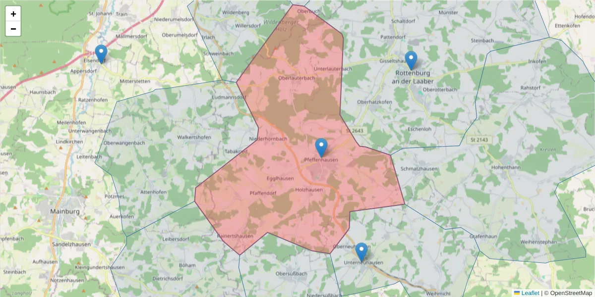 Karte des Postleitzahlen Bereichs  und der umliegenden Postleitzahlen in Deutschland