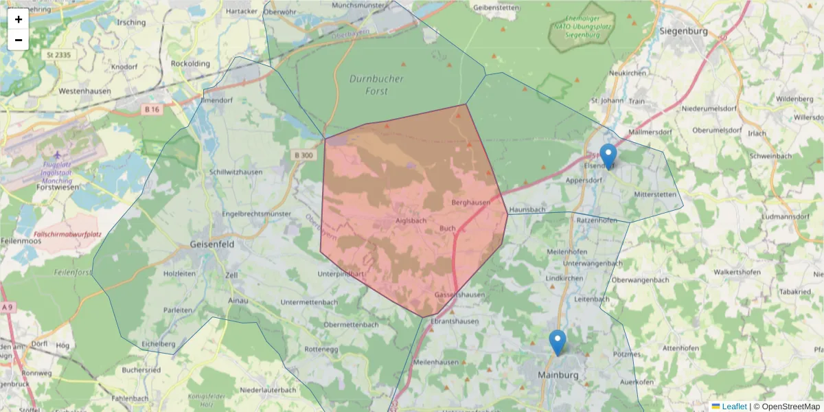 Karte des Postleitzahlen Bereichs  und der umliegenden Postleitzahlen in Deutschland