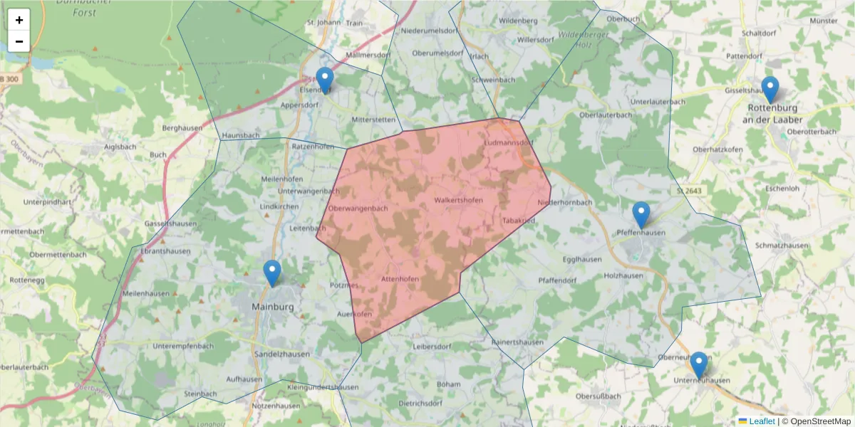 Karte des Postleitzahlen Bereichs  und der umliegenden Postleitzahlen in Deutschland