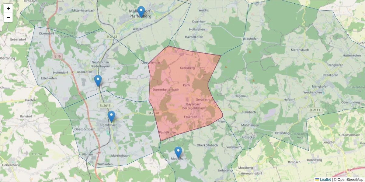 Karte des Postleitzahlen Bereichs  und der umliegenden Postleitzahlen in Deutschland