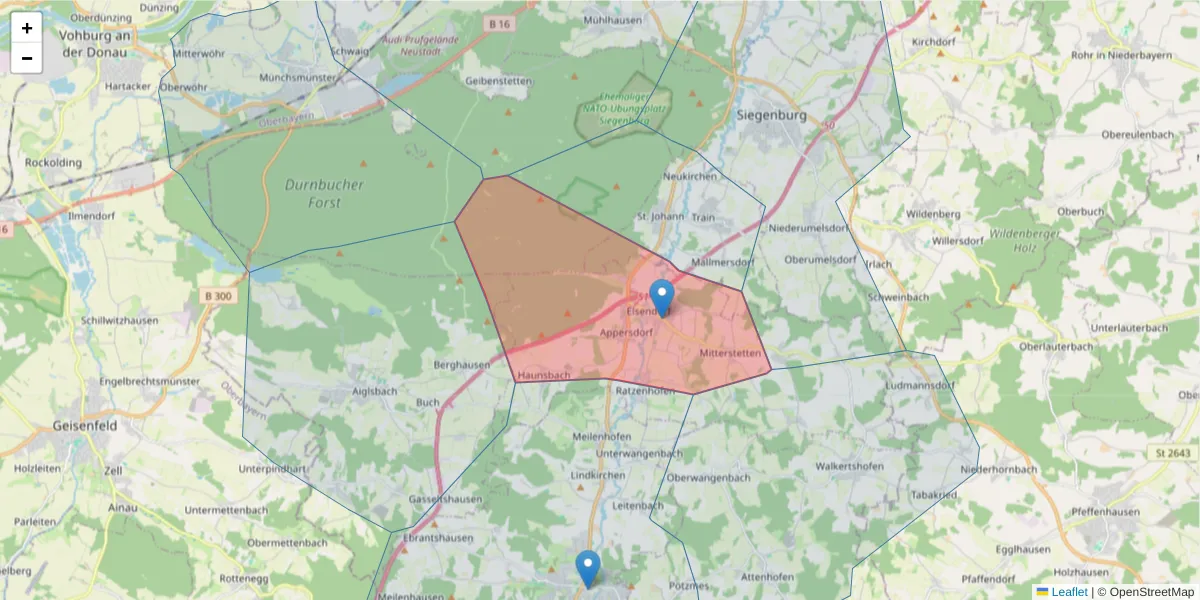 Karte des Postleitzahlen Bereichs  und der umliegenden Postleitzahlen in Deutschland