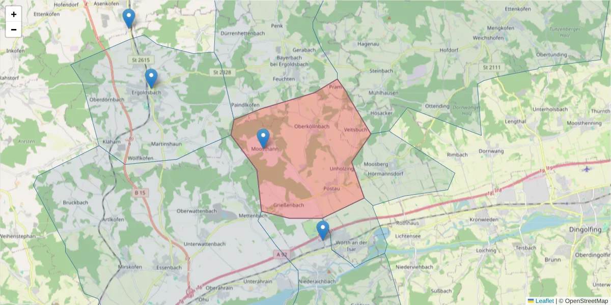 Karte des Postleitzahlen Bereichs  und der umliegenden Postleitzahlen in Deutschland