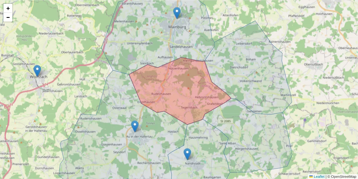 Karte des Postleitzahlen Bereichs  und der umliegenden Postleitzahlen in Deutschland