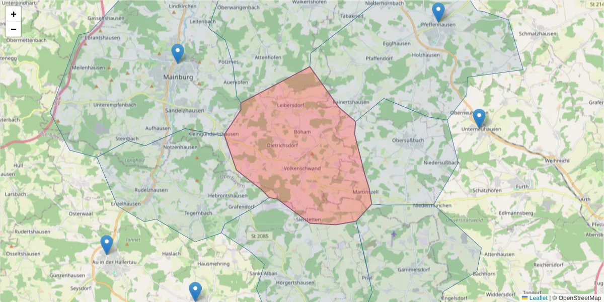 Karte des Postleitzahlen Bereichs  und der umliegenden Postleitzahlen in Deutschland