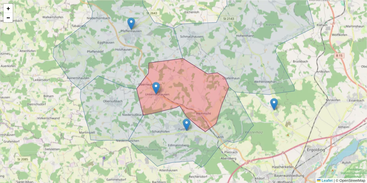 Karte des Postleitzahlen Bereichs  und der umliegenden Postleitzahlen in Deutschland