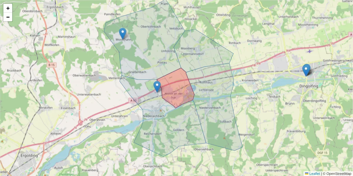 Karte des Postleitzahlen Bereichs  und der umliegenden Postleitzahlen in Deutschland