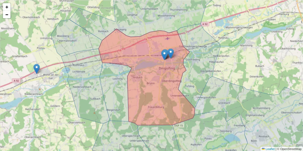 Karte des Postleitzahlen Bereichs  und der umliegenden Postleitzahlen in Deutschland