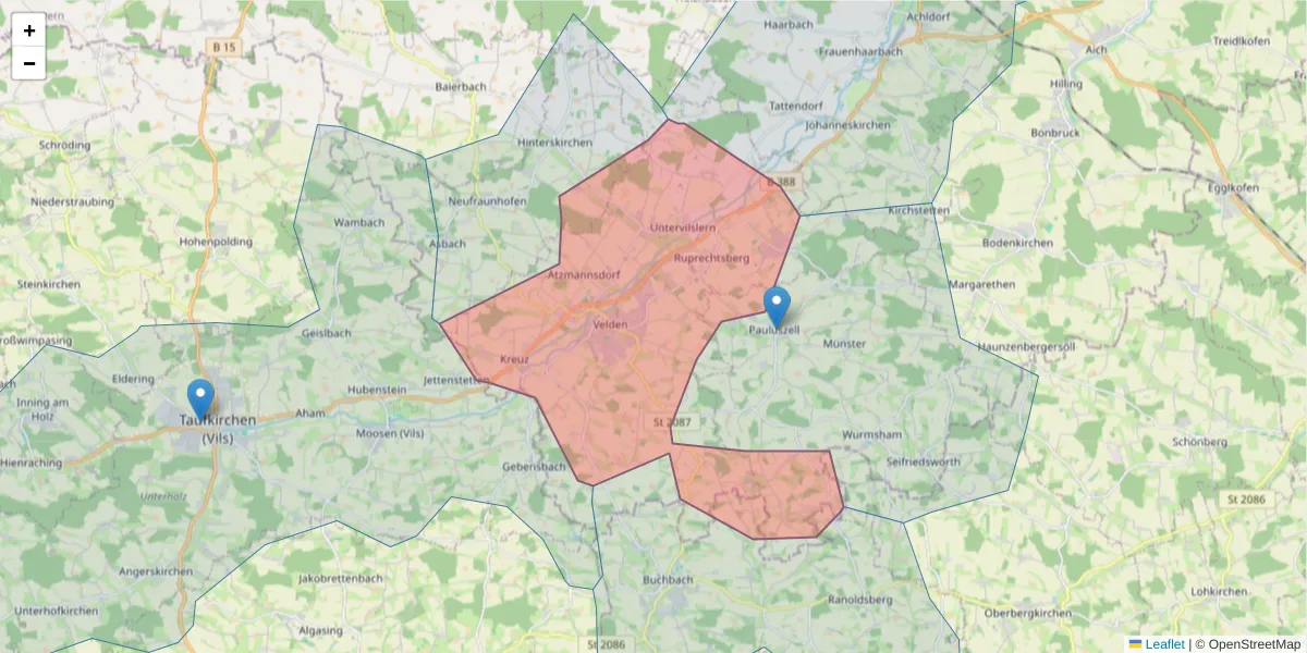 Karte des Postleitzahlen Bereichs  und der umliegenden Postleitzahlen in Deutschland