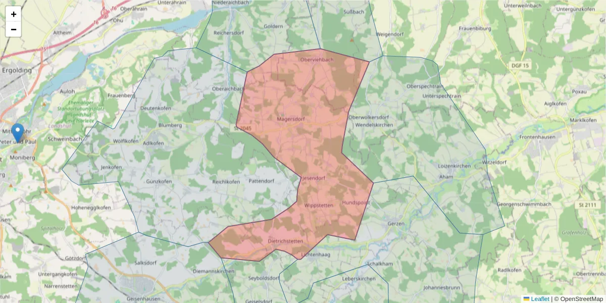 Karte des Postleitzahlen Bereichs  und der umliegenden Postleitzahlen in Deutschland