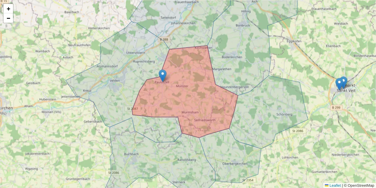 Karte des Postleitzahlen Bereichs  und der umliegenden Postleitzahlen in Deutschland