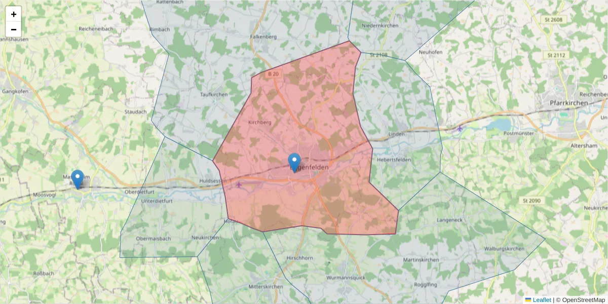 Karte des Postleitzahlen Bereichs  und der umliegenden Postleitzahlen in Deutschland