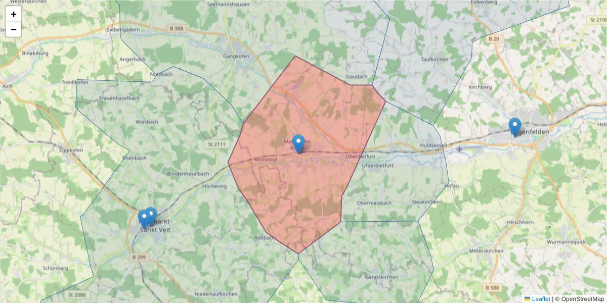 Karte des Postleitzahlen Bereichs  und der umliegenden Postleitzahlen in Deutschland