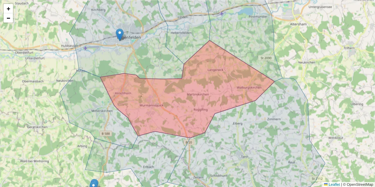 Karte des Postleitzahlen Bereichs  und der umliegenden Postleitzahlen in Deutschland