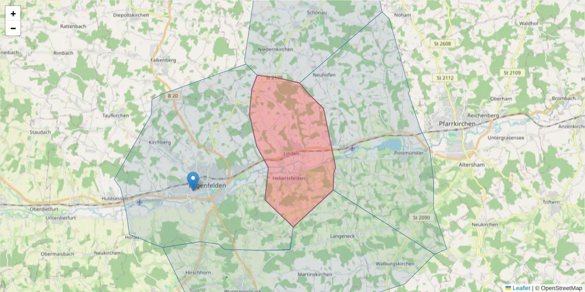 Karte des Postleitzahlen Bereichs  und der umliegenden Postleitzahlen in Deutschland
