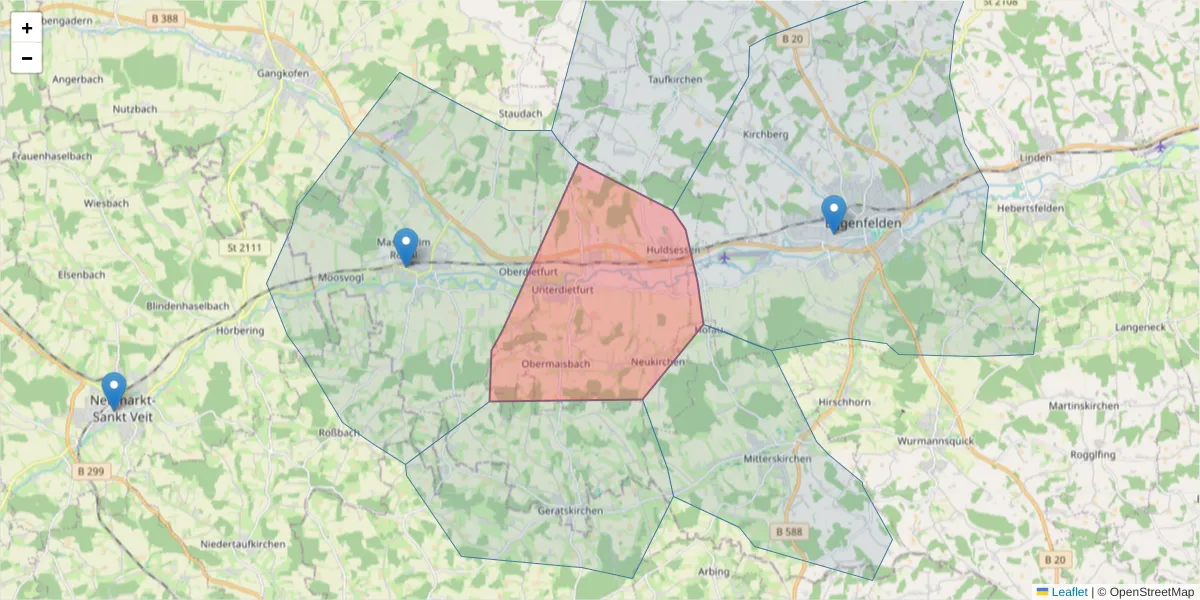 Karte des Postleitzahlen Bereichs  und der umliegenden Postleitzahlen in Deutschland